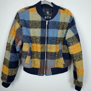 HOUSE OF HARLOW | Wool Blend Bomber Style Plaid Jacket Blue Women’s Size Medium